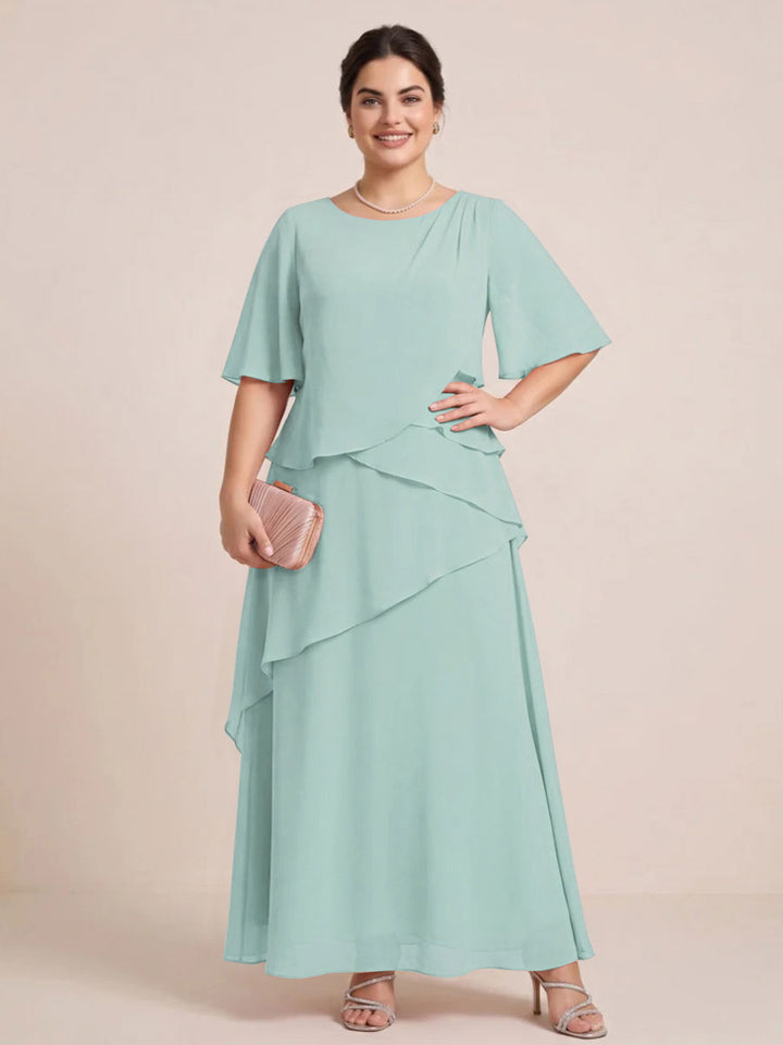 A-Line/Princess Scoop Short Sleeves Tiered Chiffon  Plus Size Mother of the Bride Dresses