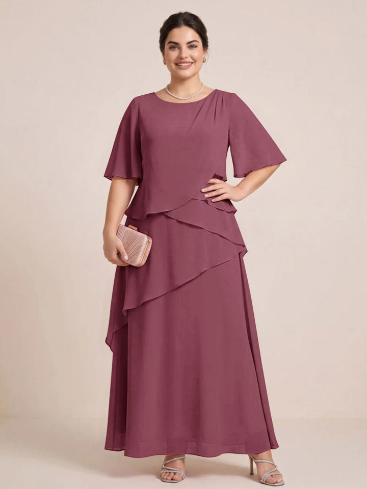 A-Line/Princess Scoop Short Sleeves Tiered Chiffon  Plus Size Mother of the Bride Dresses