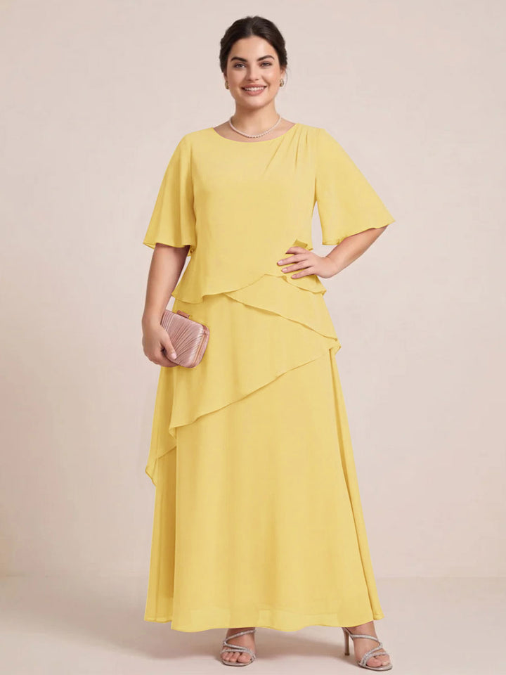 A-Line/Princess Scoop Short Sleeves Tiered Chiffon  Plus Size Mother of the Bride Dresses