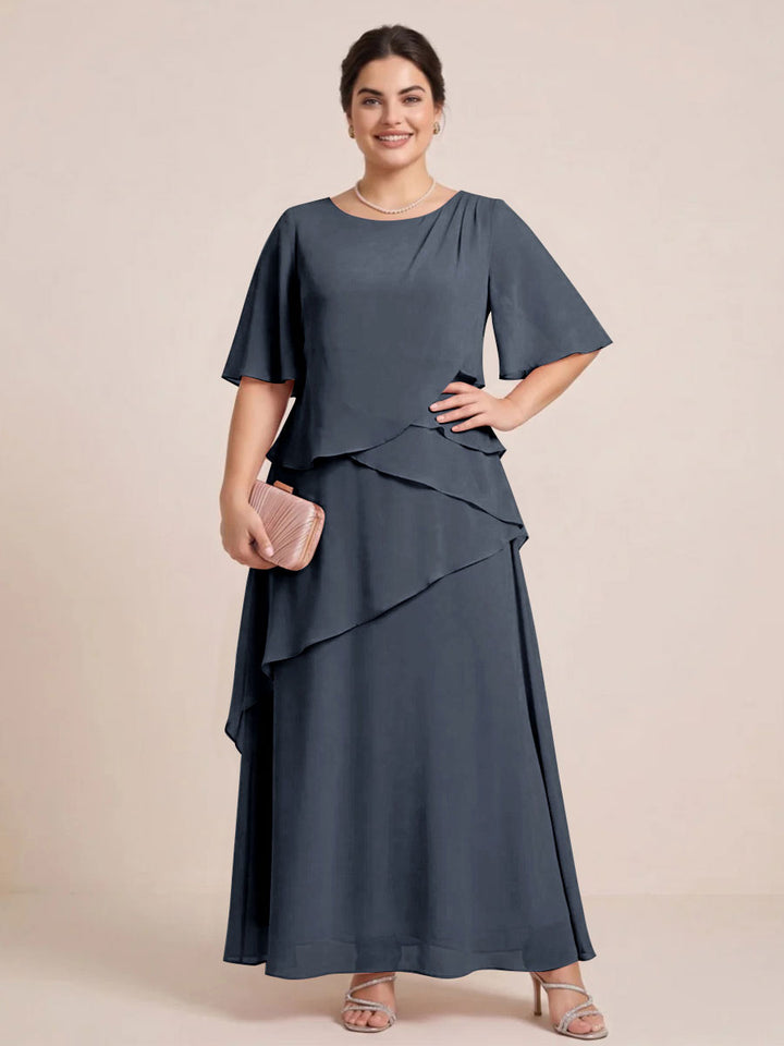 A-Line/Princess Scoop Short Sleeves Tiered Chiffon  Plus Size Mother of the Bride Dresses