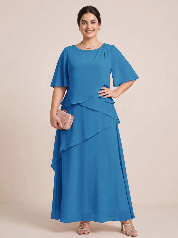 A-Line/Princess Scoop Short Sleeves Tiered Chiffon  Plus Size Mother of the Bride Dresses