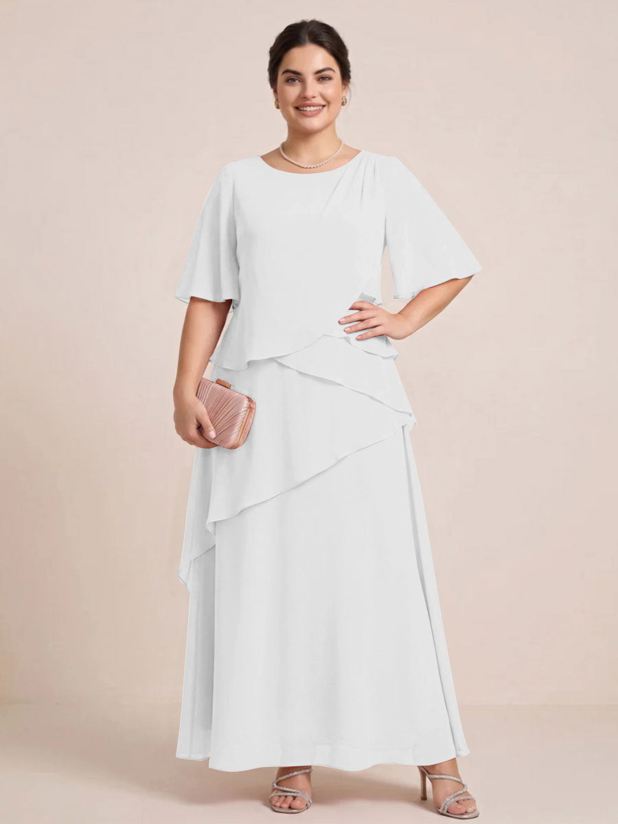 A-Line/Princess Scoop Short Sleeves Tiered Chiffon  Plus Size Mother of the Bride Dresses