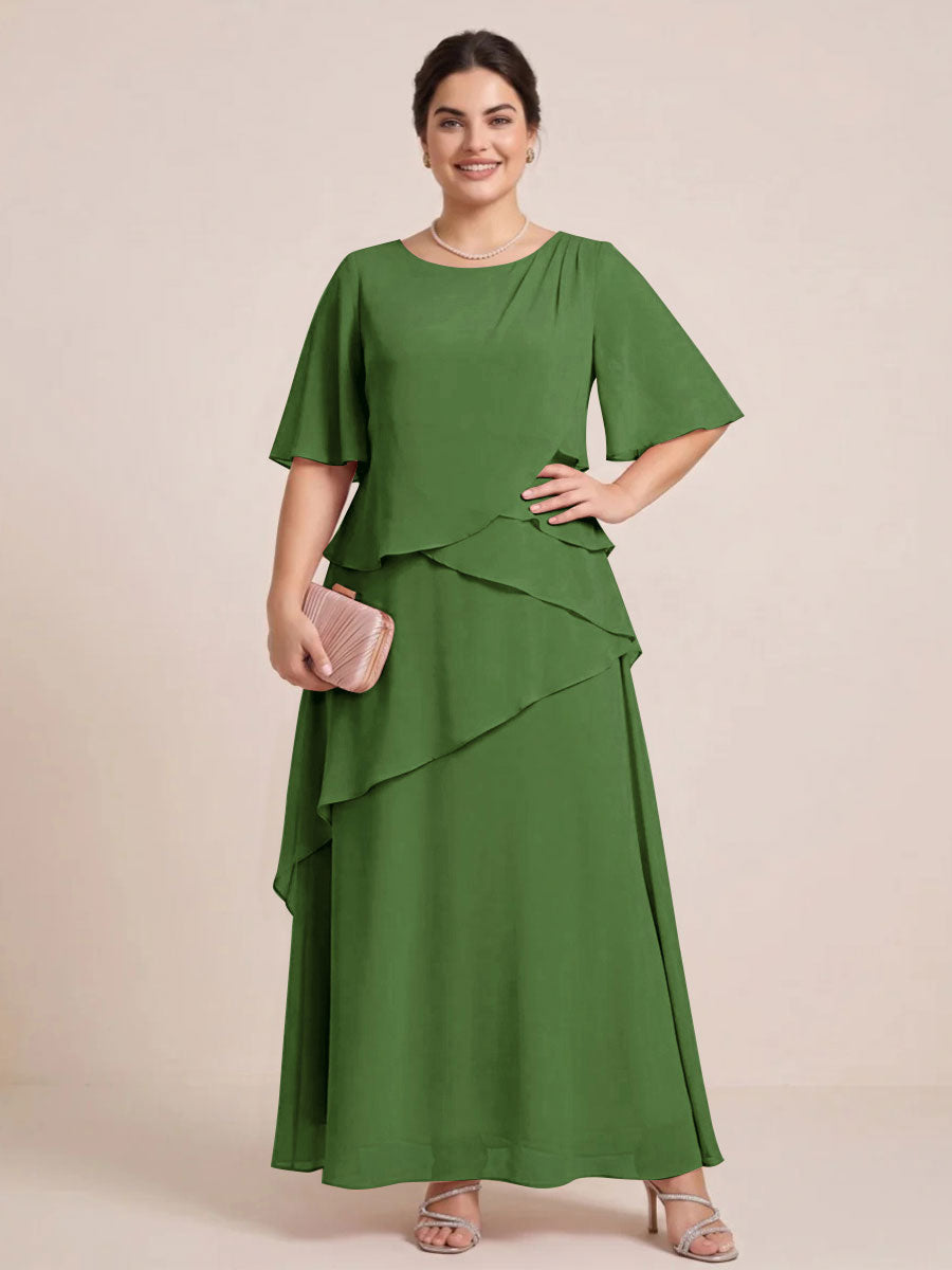 A-Line/Princess Scoop Short Sleeves Tiered Chiffon  Plus Size Mother of the Bride Dresses