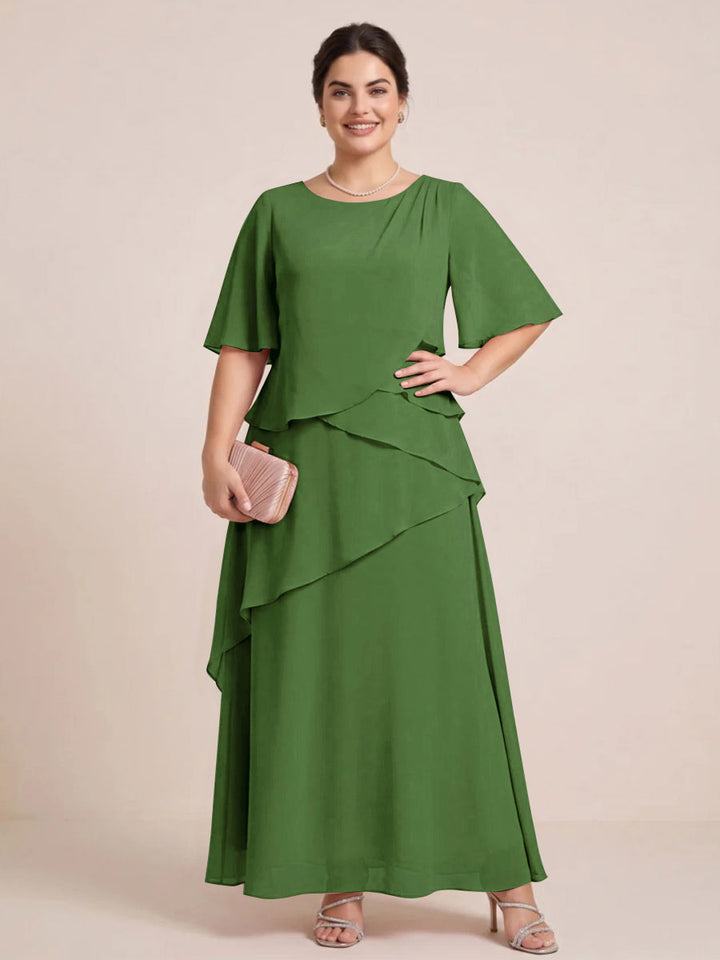 A-Line/Princess Scoop Short Sleeves Tiered Chiffon  Plus Size Mother of the Bride Dresses