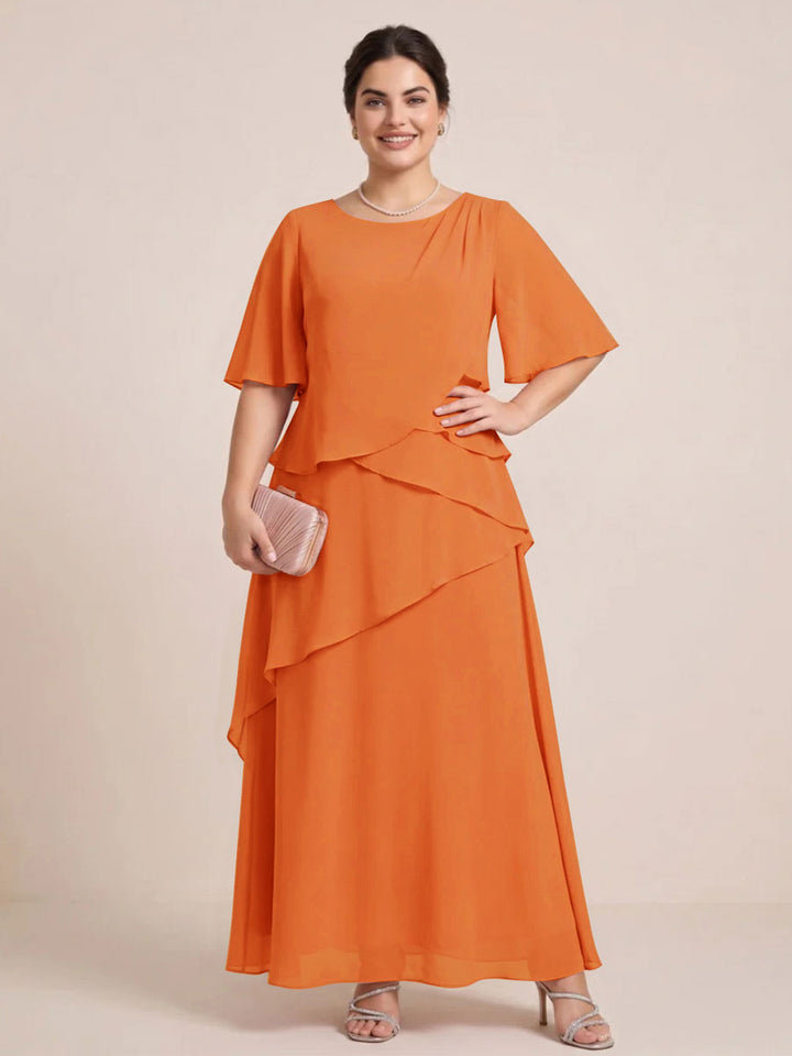 A-Line/Princess Scoop Short Sleeves Tiered Chiffon  Plus Size Mother of the Bride Dresses