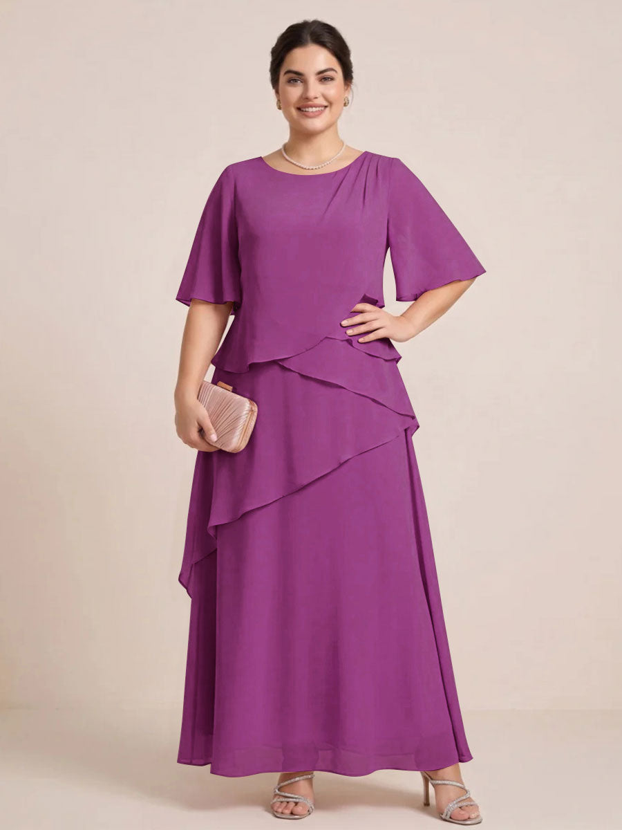 A-Line/Princess Scoop Short Sleeves Tiered Chiffon  Plus Size Mother of the Bride Dresses