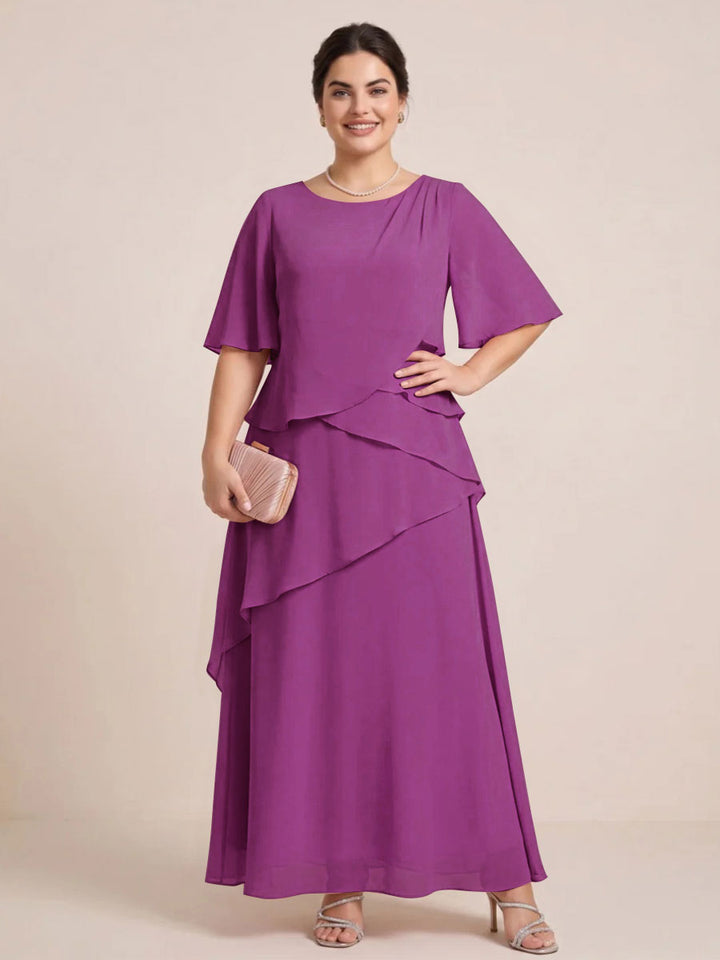 A-Line/Princess Scoop Short Sleeves Tiered Chiffon  Plus Size Mother of the Bride Dresses