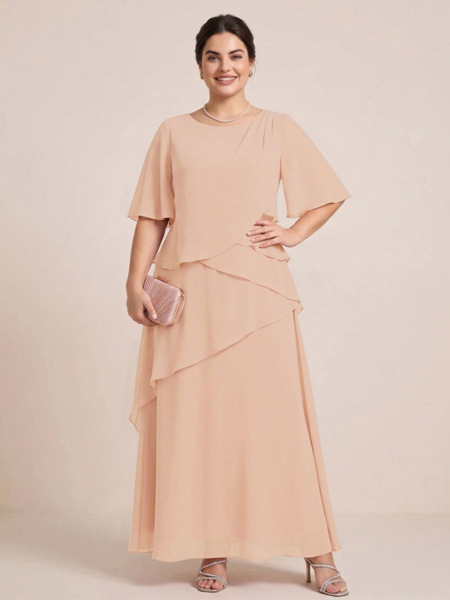 A-Line/Princess Scoop Short Sleeves Tiered Chiffon  Plus Size Mother of the Bride Dresses