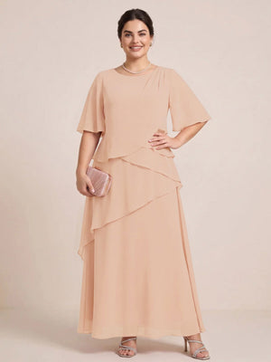 A-Line/Princess Scoop Short Sleeves Tiered Chiffon  Plus Size Mother of the Bride Dresses