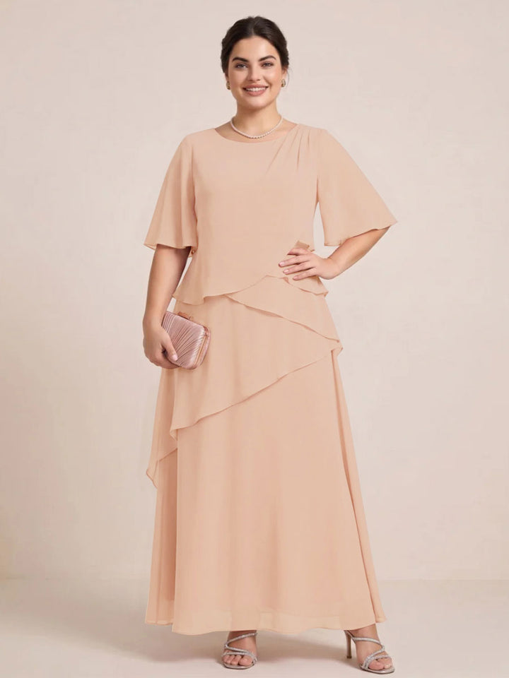 A-Line/Princess Scoop Short Sleeves Tiered Chiffon  Plus Size Mother of the Bride Dresses