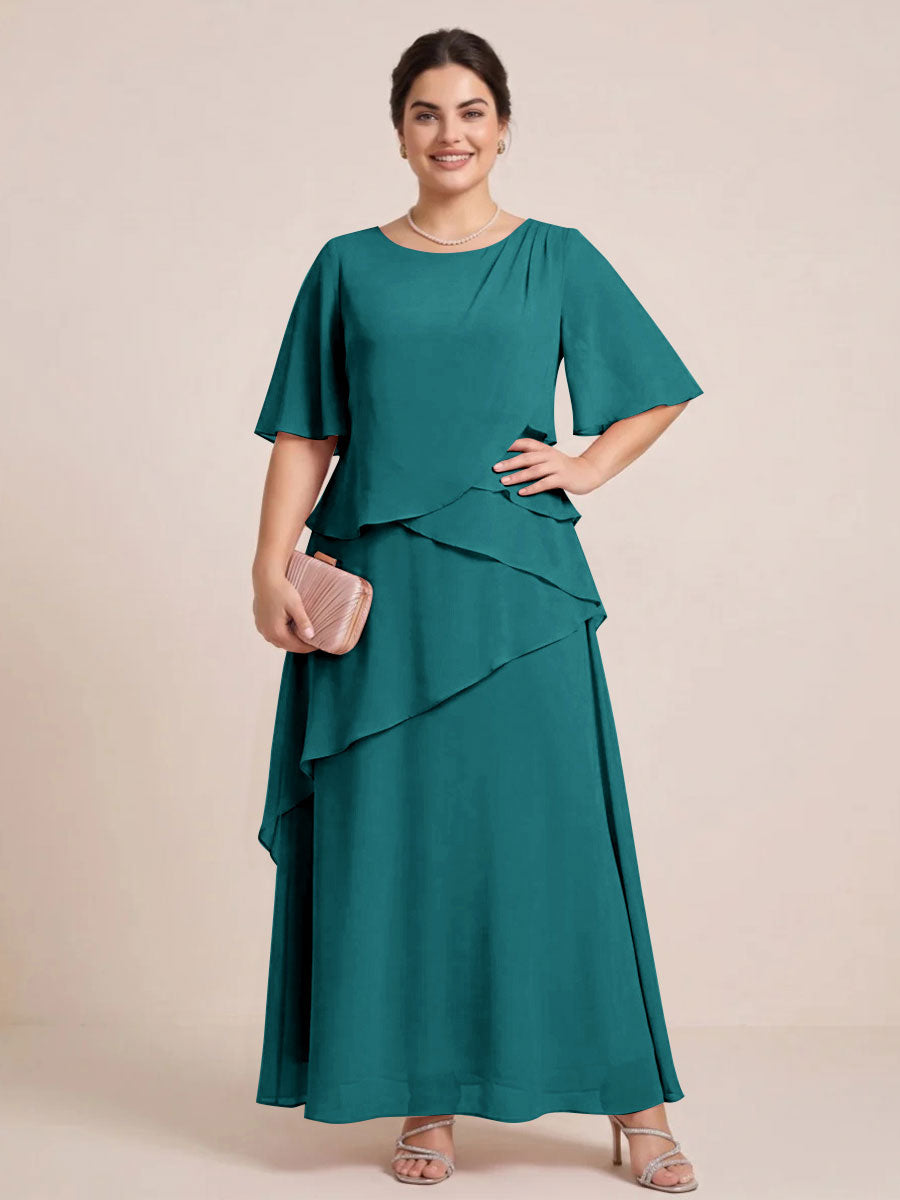 A-Line/Princess Scoop Short Sleeves Tiered Chiffon  Plus Size Mother of the Bride Dresses