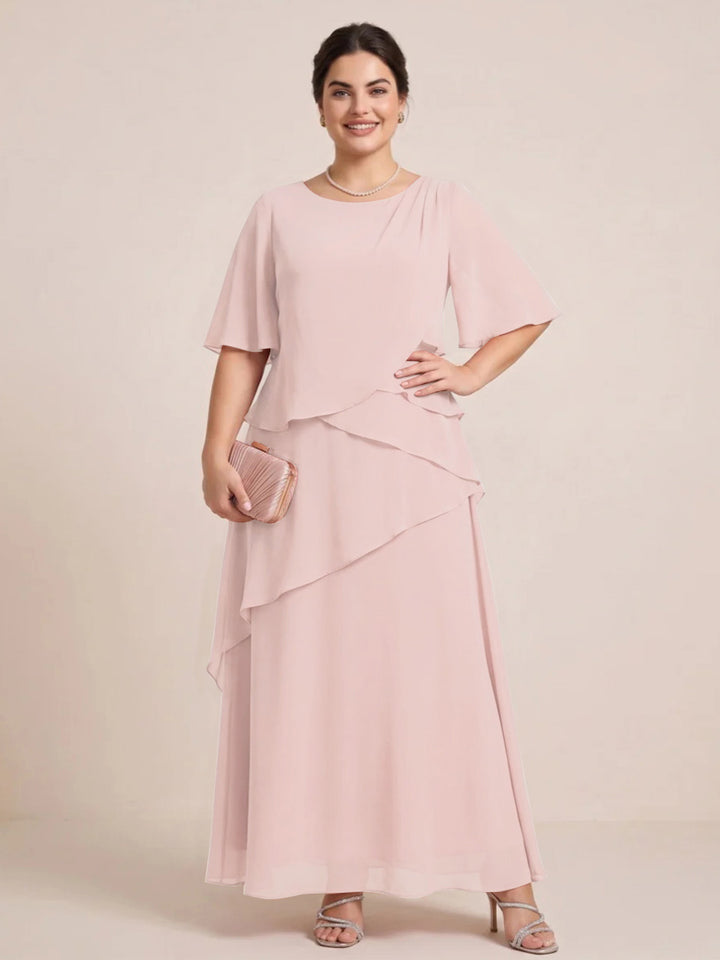 A-Line/Princess Scoop Short Sleeves Tiered Chiffon  Plus Size Mother of the Bride Dresses