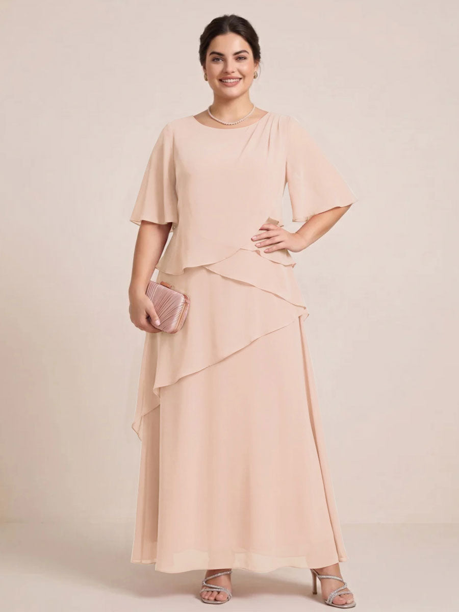 A-Line/Princess Scoop Short Sleeves Tiered Chiffon  Plus Size Mother of the Bride Dresses