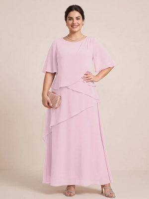 A-Line/Princess Scoop Short Sleeves Tiered Chiffon  Plus Size Mother of the Bride Dresses
