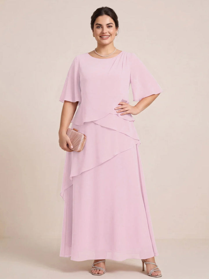 A-Line/Princess Scoop Short Sleeves Tiered Chiffon  Plus Size Mother of the Bride Dresses