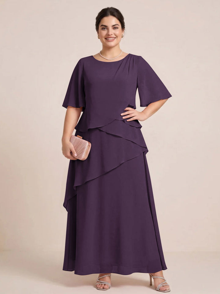 A-Line/Princess Scoop Short Sleeves Tiered Chiffon  Plus Size Mother of the Bride Dresses