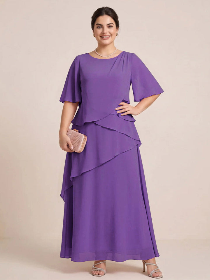 A-Line/Princess Scoop Short Sleeves Tiered Chiffon  Plus Size Mother of the Bride Dresses