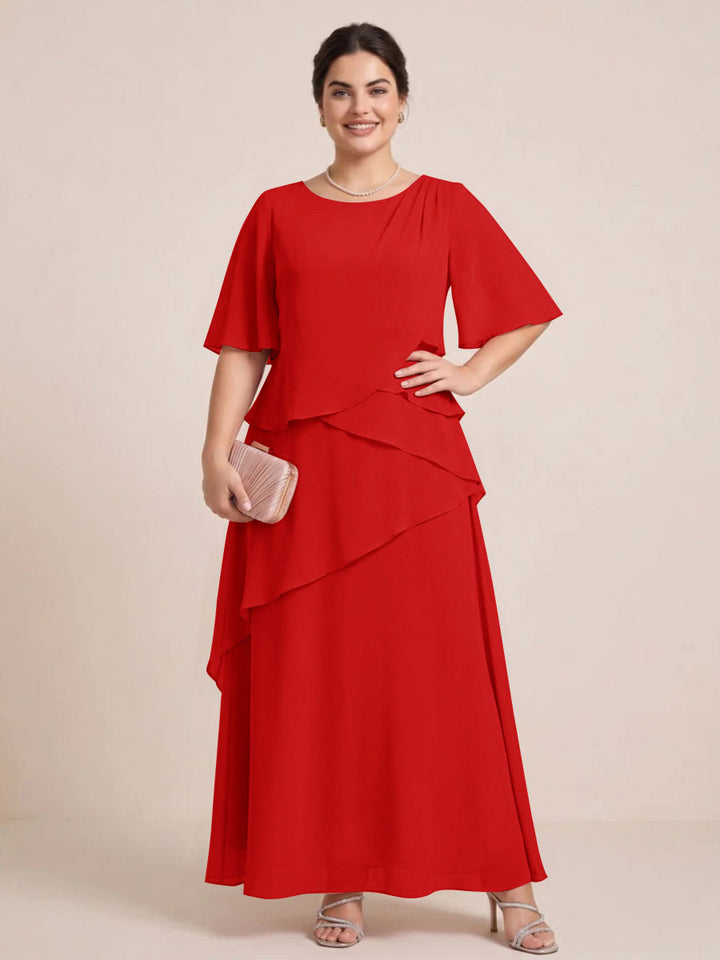 A-Line/Princess Scoop Short Sleeves Tiered Chiffon  Plus Size Mother of the Bride Dresses