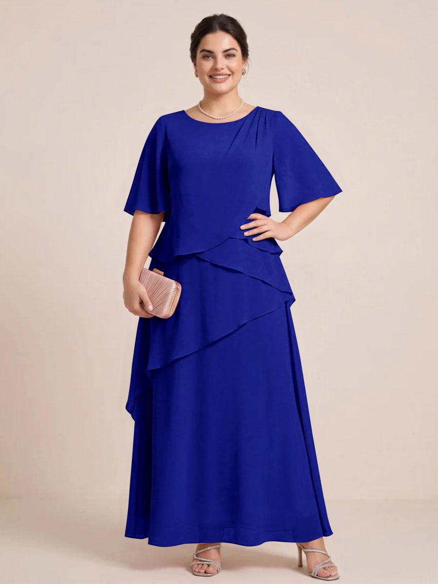 A-Line/Princess Scoop Short Sleeves Tiered Chiffon  Plus Size Mother of the Bride Dresses