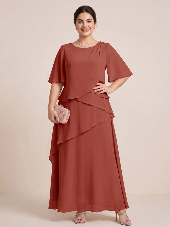 A-Line/Princess Scoop Short Sleeves Tiered Chiffon  Plus Size Mother of the Bride Dresses