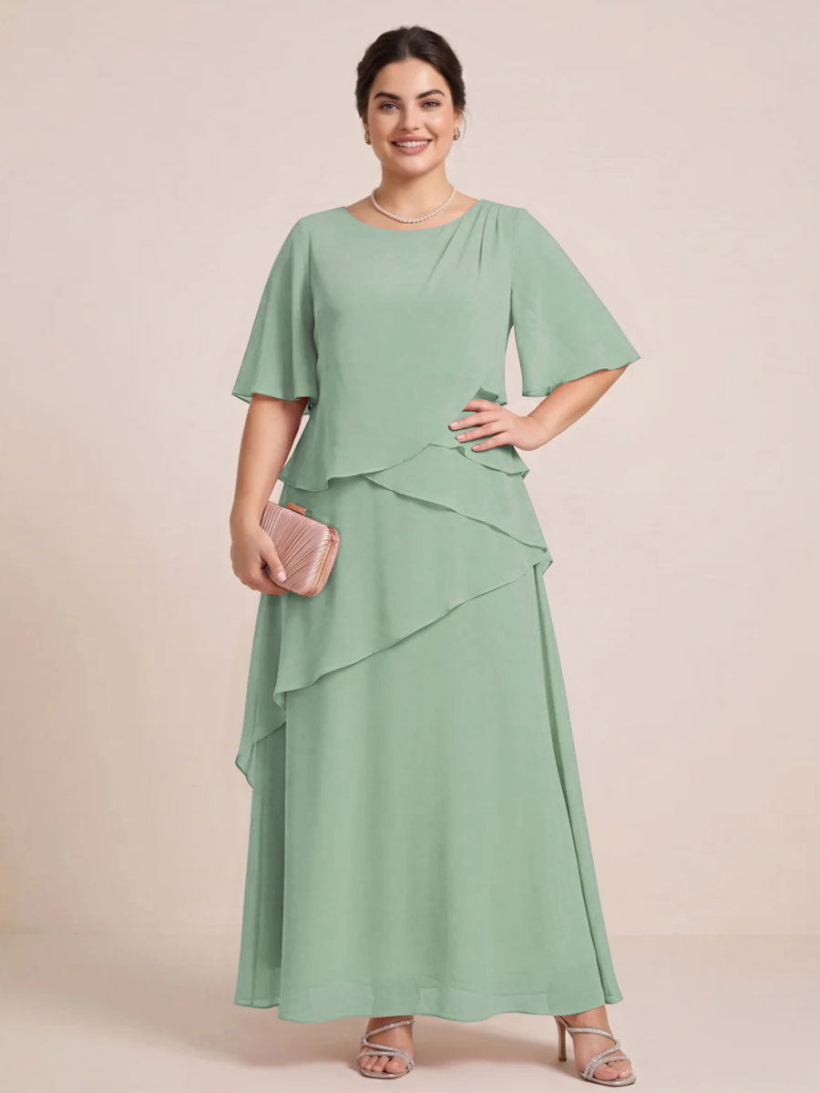 A-Line/Princess Scoop Short Sleeves Tiered Chiffon  Plus Size Mother of the Bride Dresses
