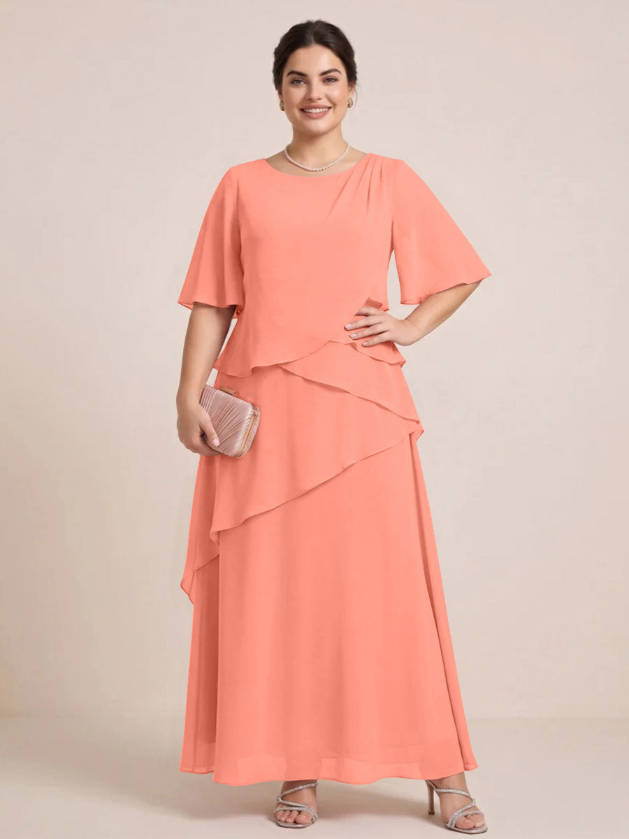 A-Line/Princess Scoop Short Sleeves Tiered Chiffon  Plus Size Mother of the Bride Dresses