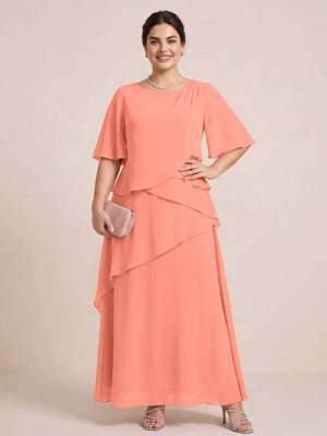 A-Line/Princess Scoop Short Sleeves Tiered Chiffon  Plus Size Mother of the Bride Dresses