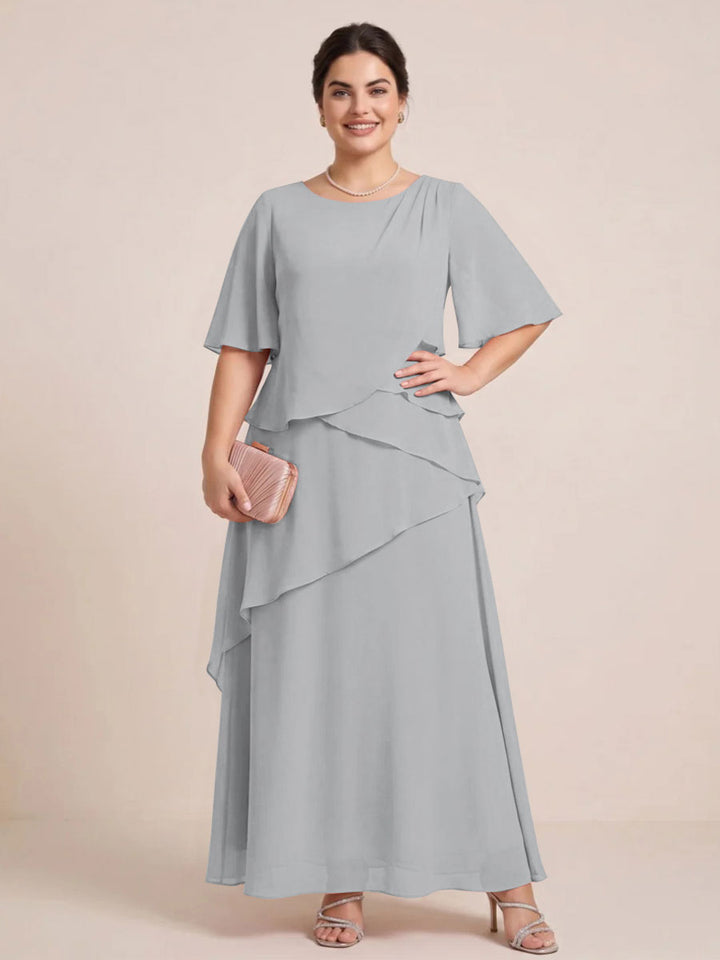 A-Line/Princess Scoop Short Sleeves Tiered Chiffon  Plus Size Mother of the Bride Dresses