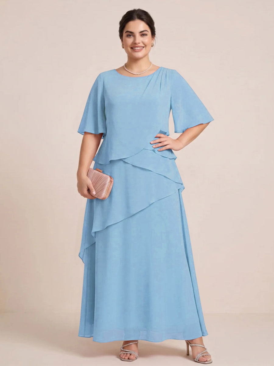 A-Line/Princess Scoop Short Sleeves Tiered Chiffon  Plus Size Mother of the Bride Dresses