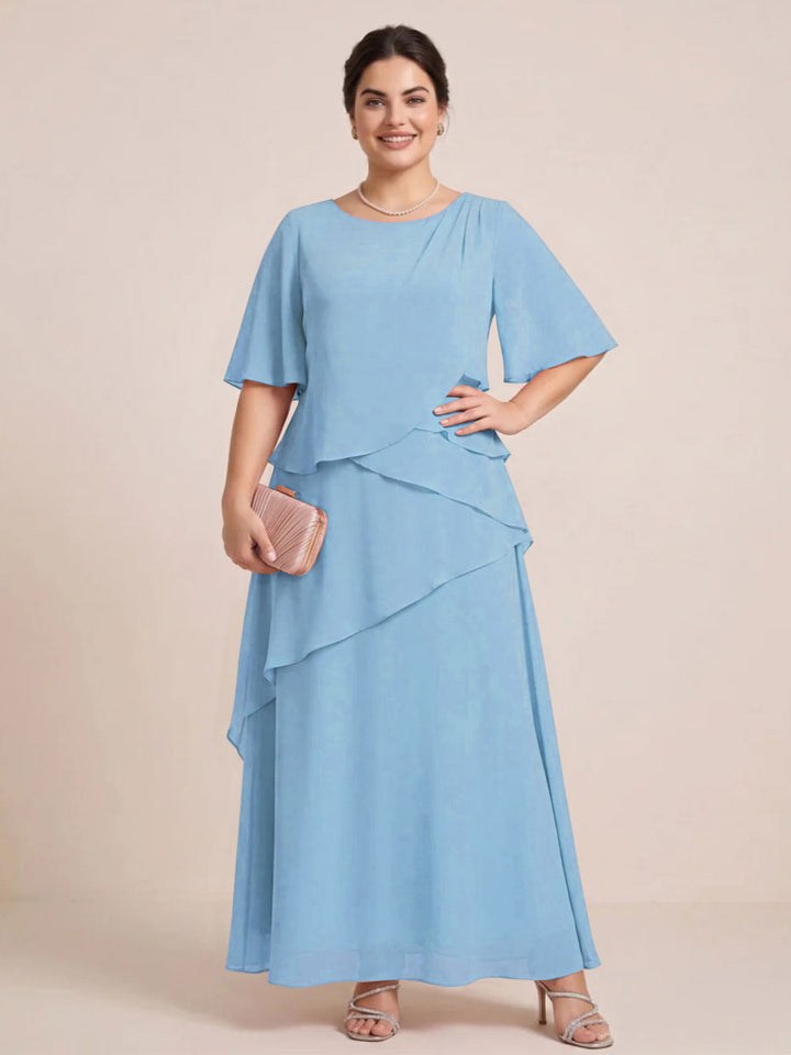 A-Line/Princess Scoop Short Sleeves Tiered Chiffon  Plus Size Mother of the Bride Dresses