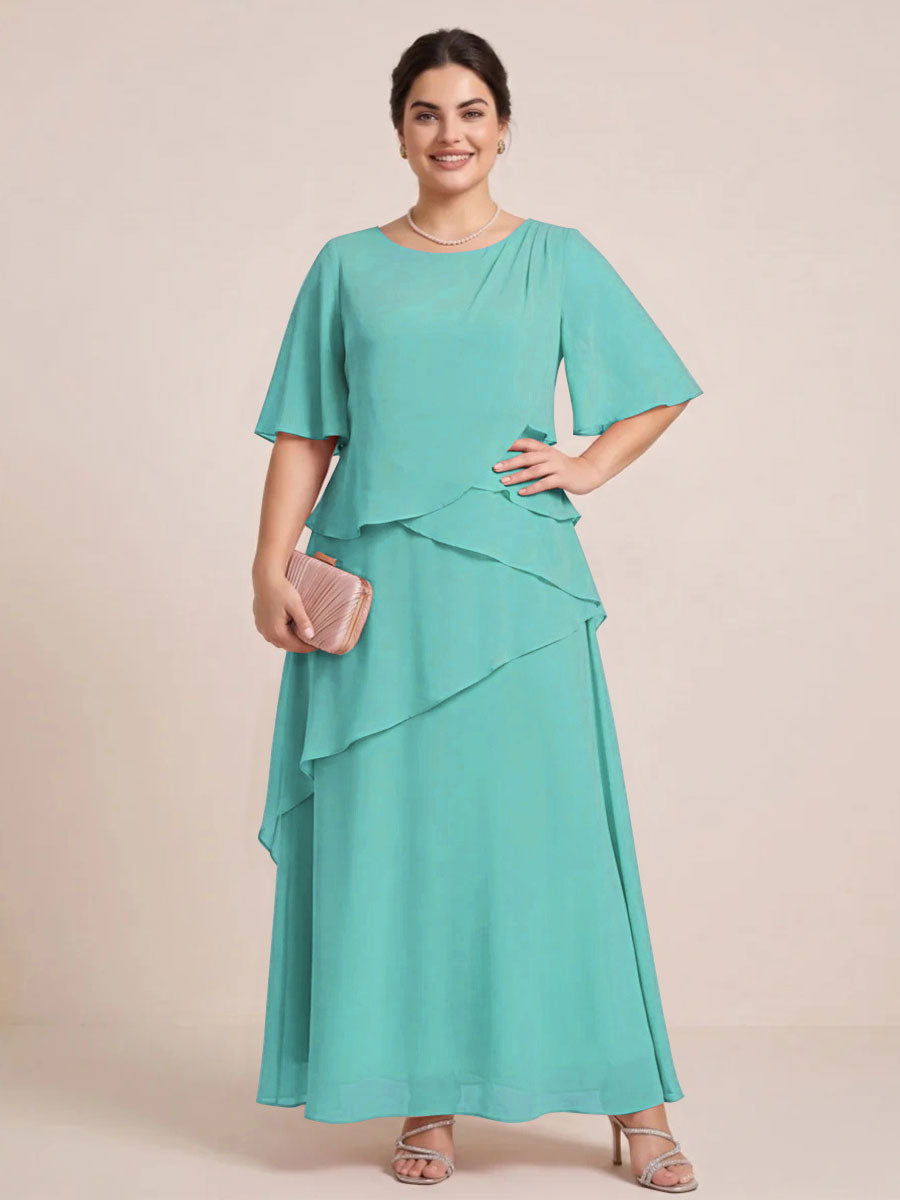 A-Line/Princess Scoop Short Sleeves Tiered Chiffon  Plus Size Mother of the Bride Dresses