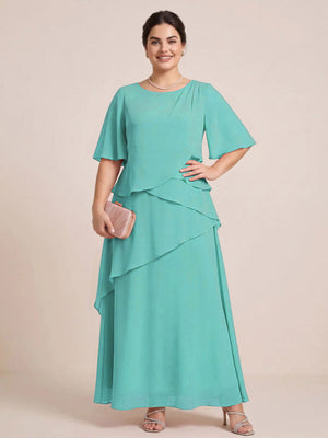 A-Line/Princess Scoop Short Sleeves Tiered Chiffon  Plus Size Mother of the Bride Dresses