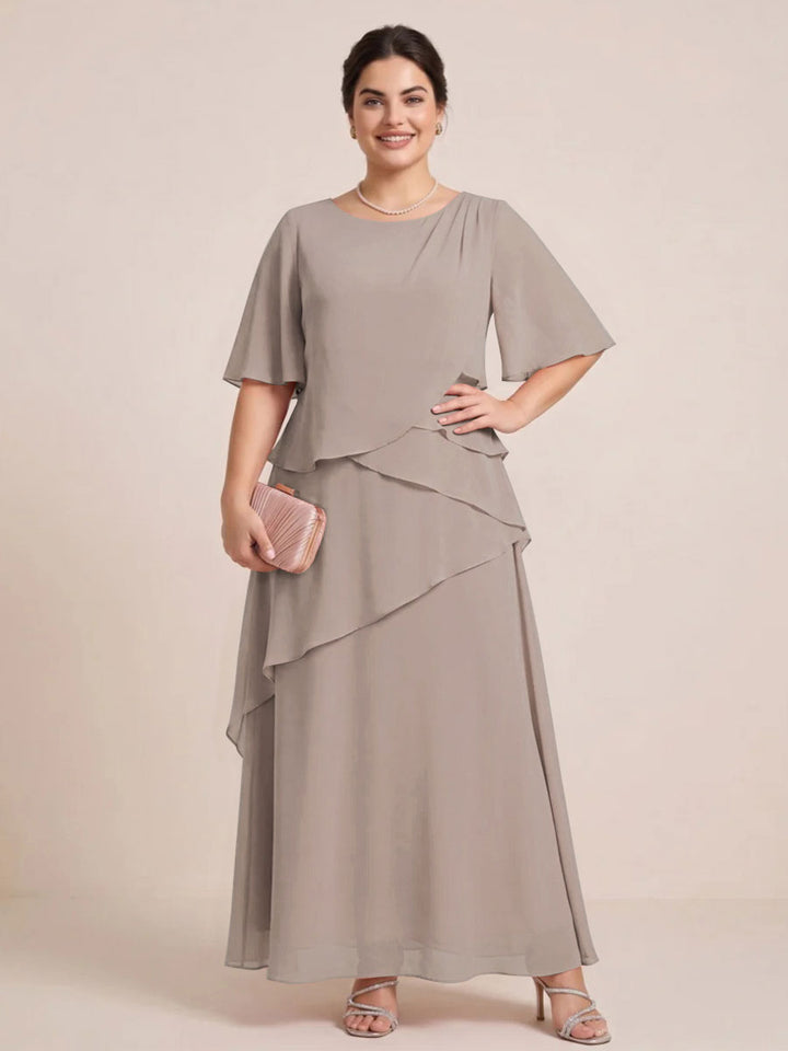 A-Line/Princess Scoop Short Sleeves Tiered Chiffon  Plus Size Mother of the Bride Dresses
