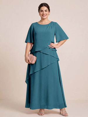 A-Line/Princess Scoop Short Sleeves Tiered Chiffon  Plus Size Mother of the Bride Dresses