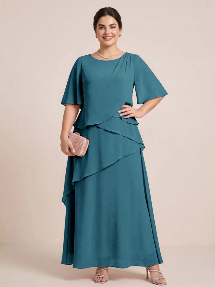 A-Line/Princess Scoop Short Sleeves Tiered Chiffon  Plus Size Mother of the Bride Dresses