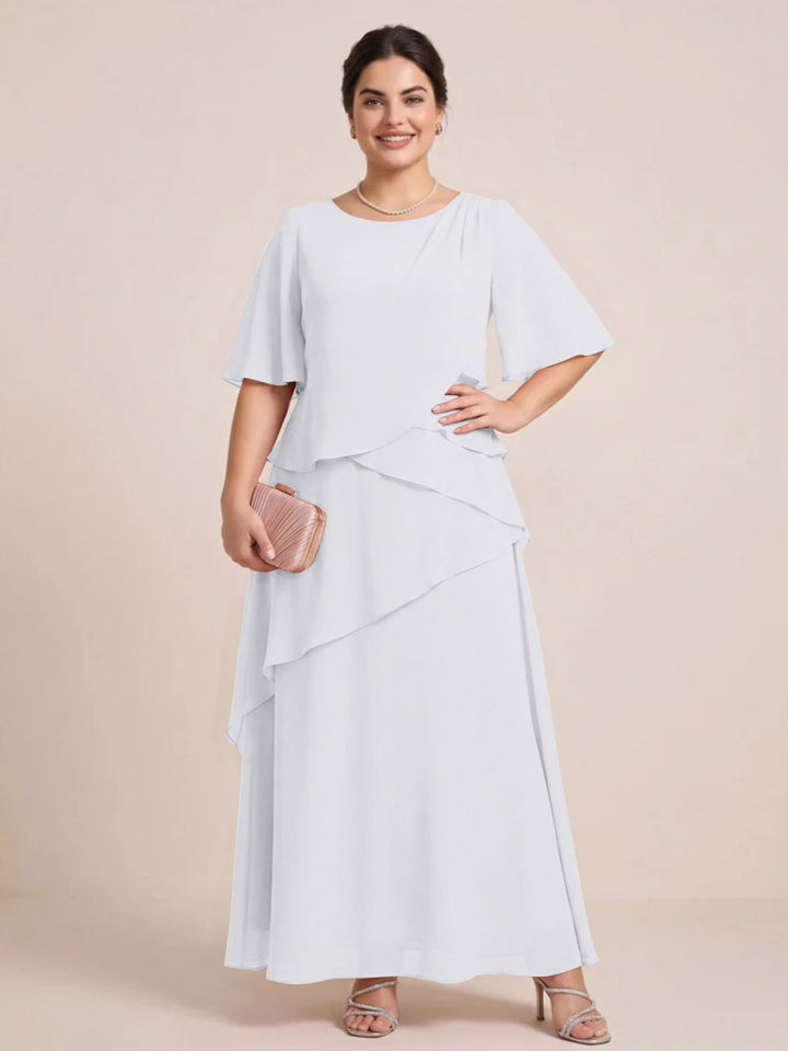 A-Line/Princess Scoop Short Sleeves Tiered Chiffon  Plus Size Mother of the Bride Dresses