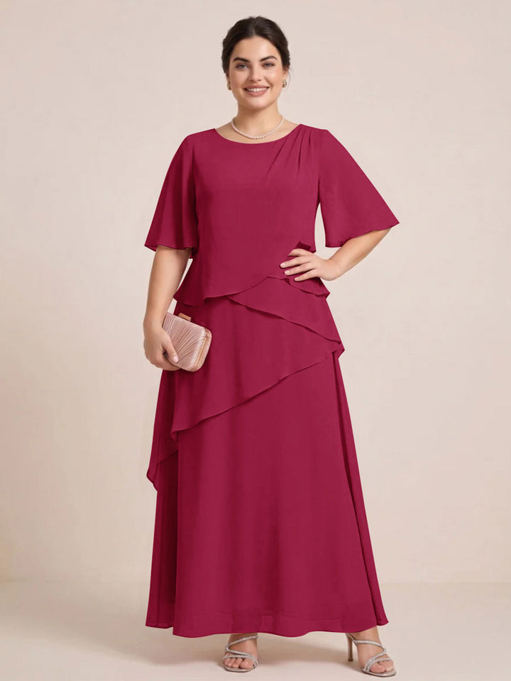 A-Line/Princess Scoop Short Sleeves Tiered Chiffon  Plus Size Mother of the Bride Dresses