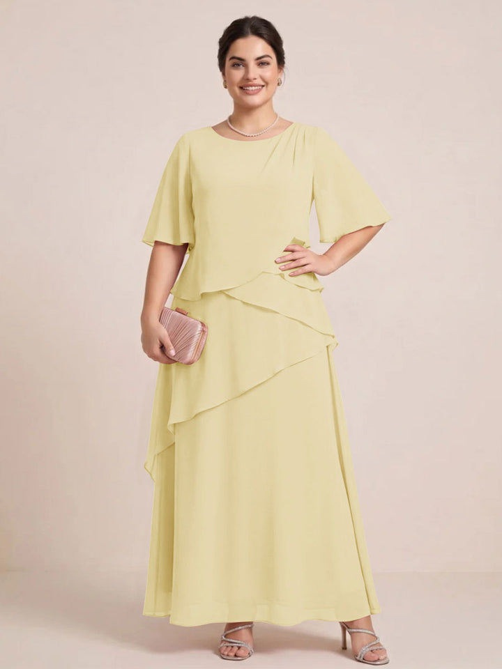 A-Line/Princess Scoop Short Sleeves Tiered Chiffon  Plus Size Mother of the Bride Dresses