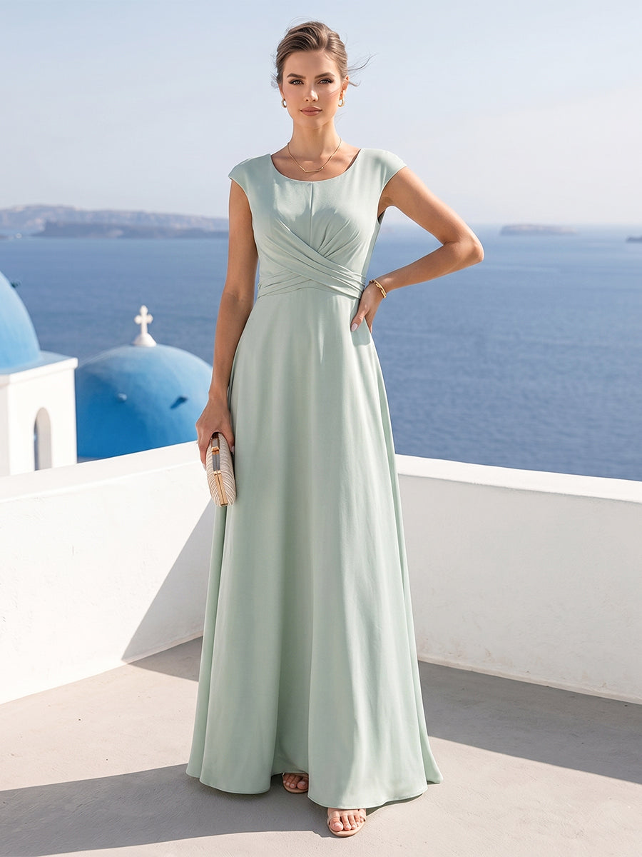 A-Line/Princess Scoop Cap Sleeves Ruched Mother of the Bride Dresses with Pockets