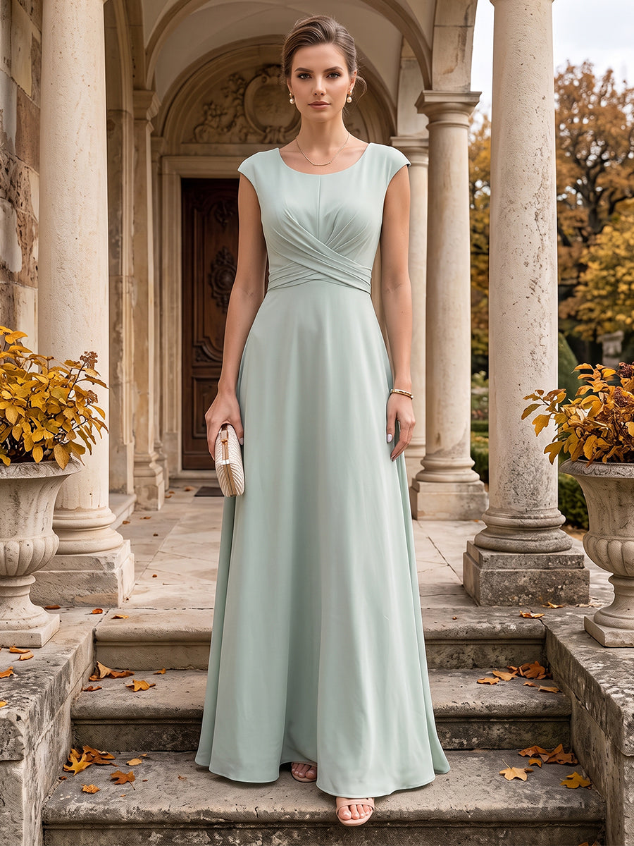 A-Line/Princess Scoop Cap Sleeves Ruched Mother of the Bride Dresses with Pockets