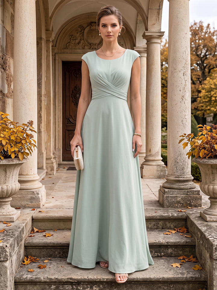 A-Line/Princess Scoop Cap Sleeves Ruched Mother of the Bride Dresses with Pockets