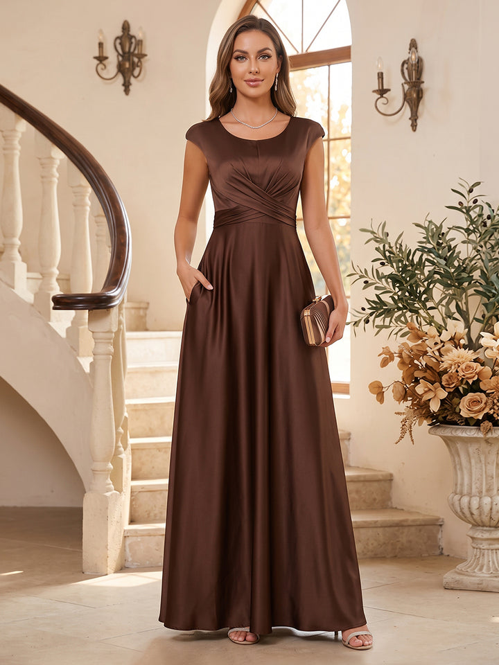 A-Line/Princess Scoop Cap Sleeves Ruched Mother of the Bride Dresses with Pockets