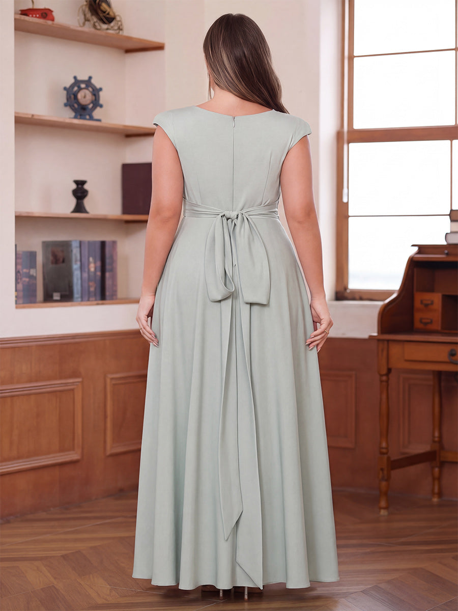 A-Line/Princess Scoop Cap Sleeves Ruched Plus Size Mother of the Bride Dresses with Pockets