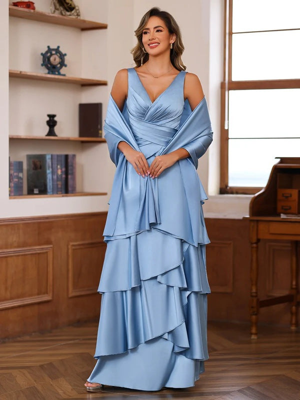 A-Line/Princess V-Neck Tiered Mother of the Bride Dresses with Ruffles