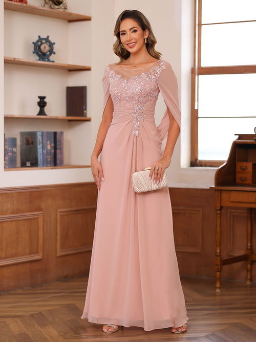 a line princess scoop neck mother of the bride dress A-Line/Princess Scoop Neck Half Sleeves Floor-Length Mother of the Bride Dresses with Ruffles Light Blue