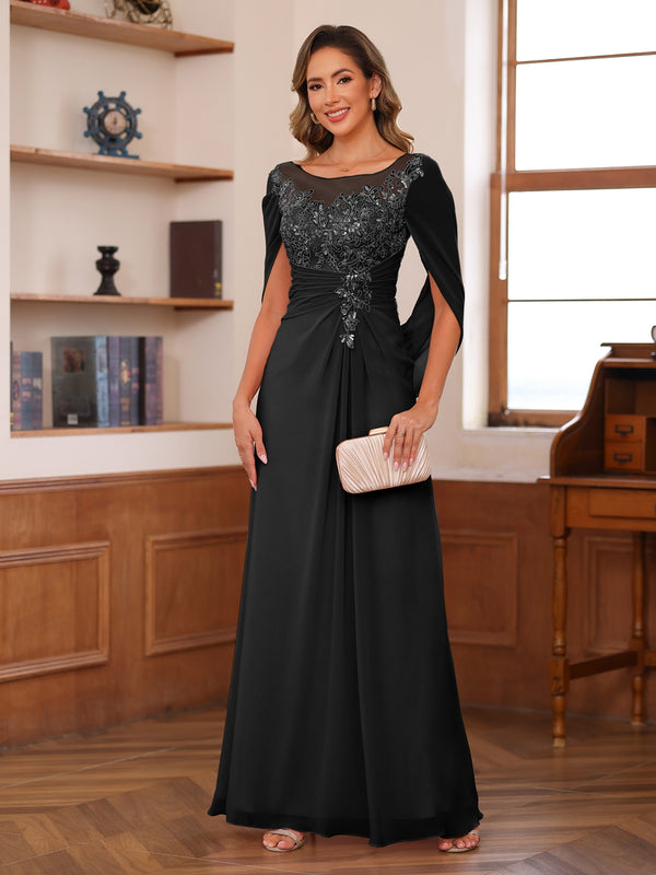 A-Line/Princess Illusion Scoop Appliques Ruched Mother of the Bride Dresses with Cape