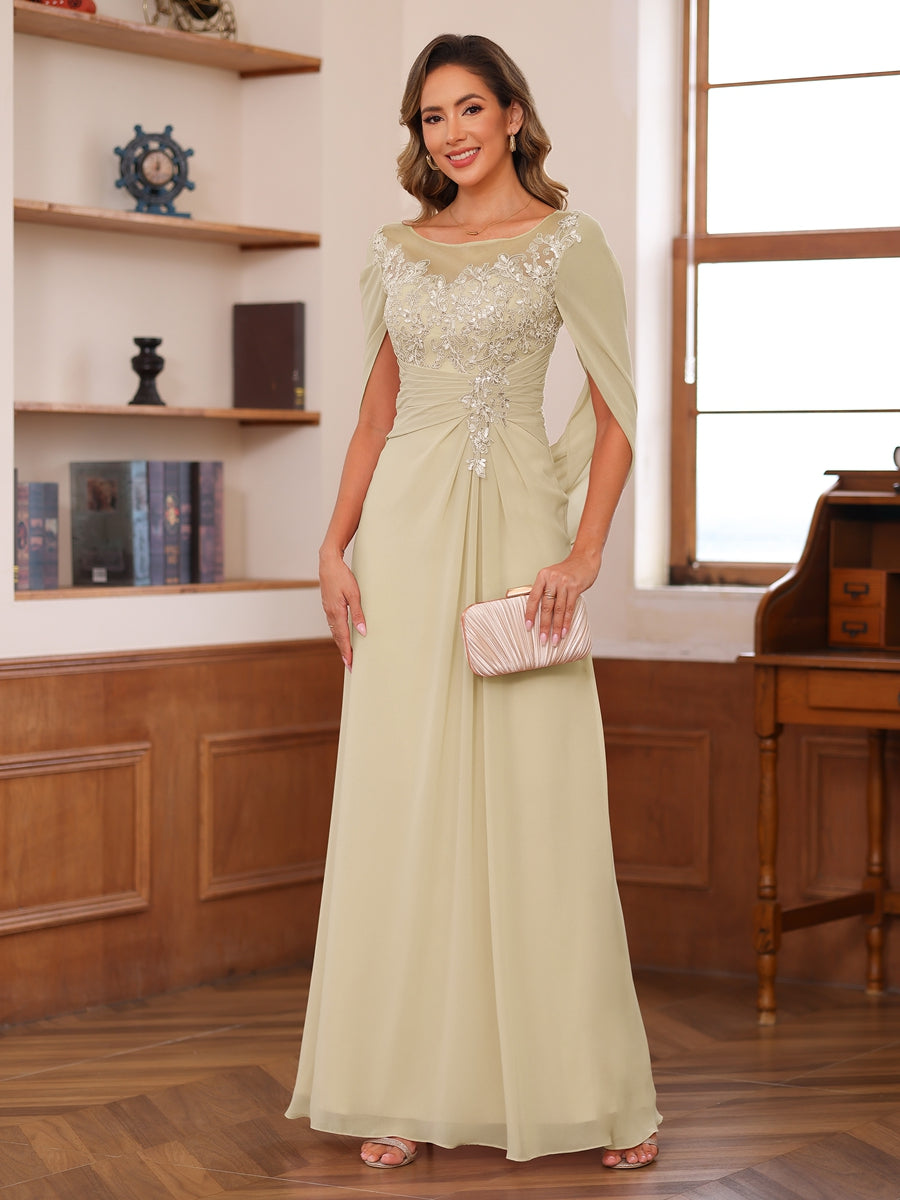 Lavetir Dusty Pink A-Line/Princess Illusion Scoop Appliques Ruched Mother of the Bride Dresses with Cape 2026