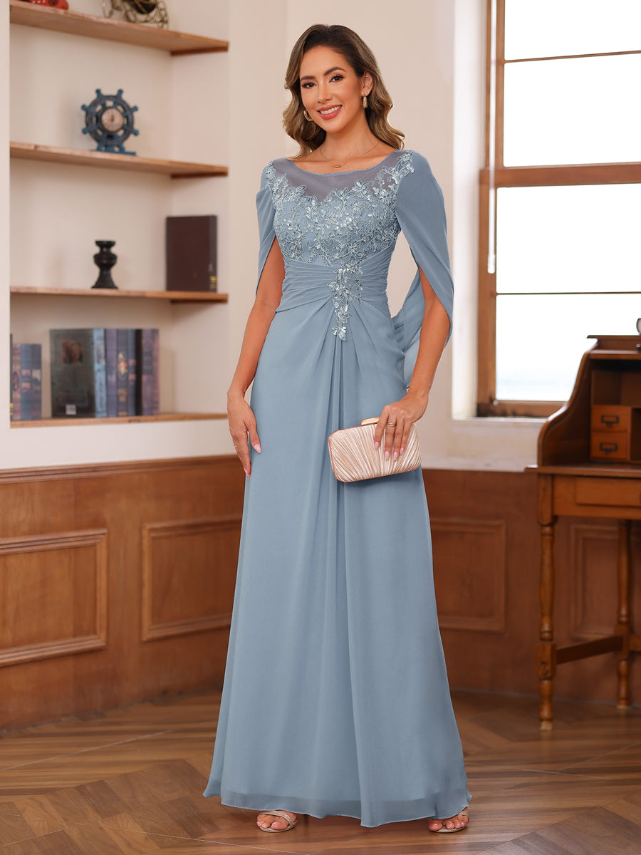 dusty blue mother of the bride dress BABARONI Chiffon and Lace Short with Long Sleeves and Ruffle Skirt while the appliqued chiffon fabric flows beautifully to the floor Dusty Blue Mother Of Bride