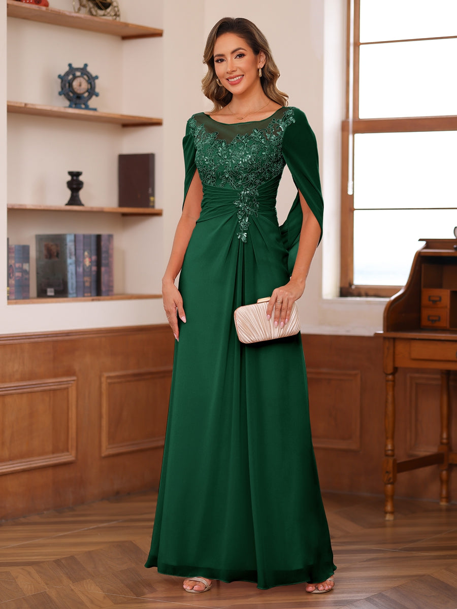 A-Line/Princess Illusion Scoop Appliques Ruched Mother of the Bride Dresses with Cape