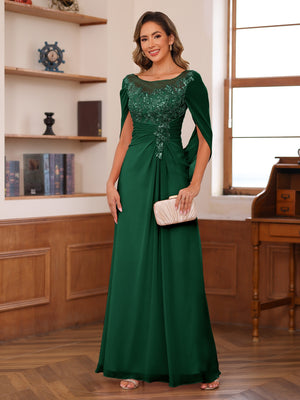 A-Line/Princess Illusion Scoop Appliques Ruched Mother of the Bride Dresses with Cape